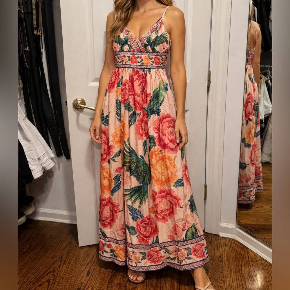 Floral Maxi Dress with Pink and Green Accents XS